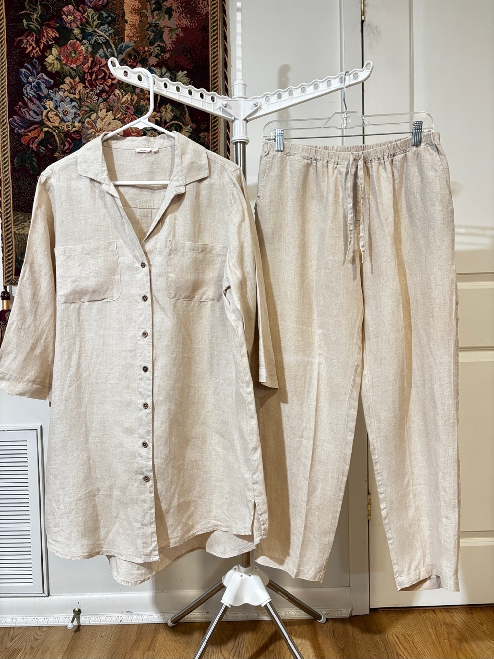 Women's Linen Button-Front Sleep Shirt & Drawstring Pants Set - Cream